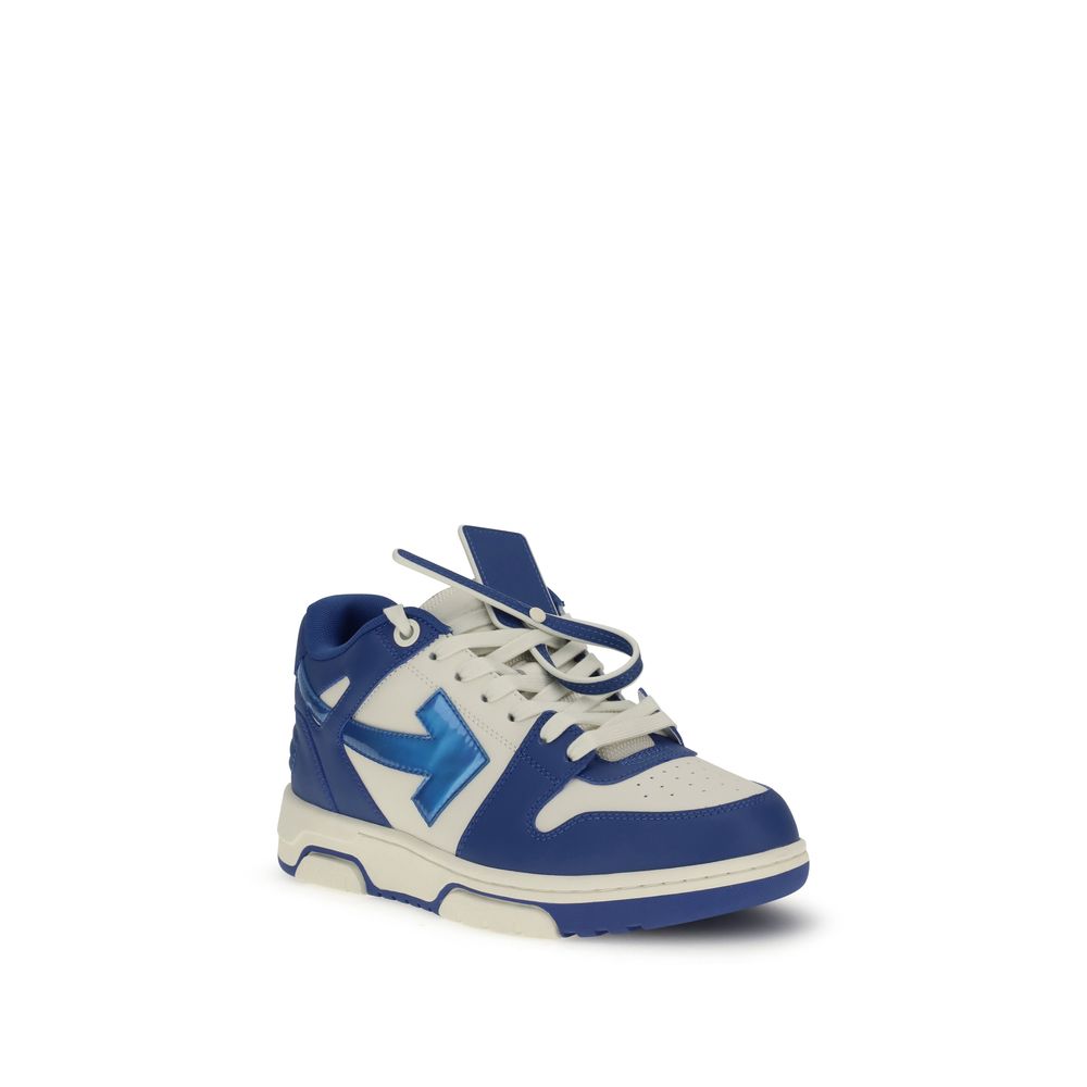 Off-White Blue Leather Chunky Sneakers with signature Arrows motif and Safety Tag, round toe, and contrasting laces.