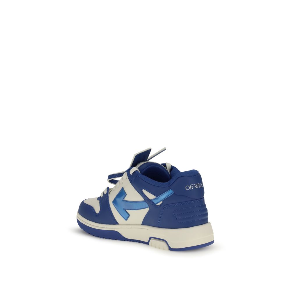 Off-White Blue Leather Chunky Sneakers with signature Arrows motif and flat rubber sole, showcasing an urban-inspired design.
