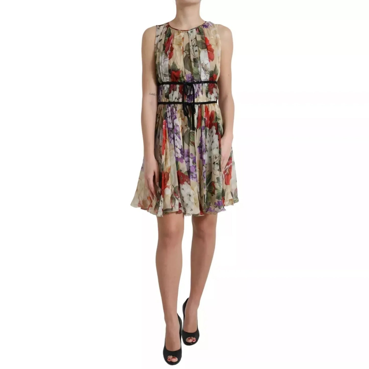 Dolce & Gabbana Beige Floral Sleeveless A-line Mini Dress