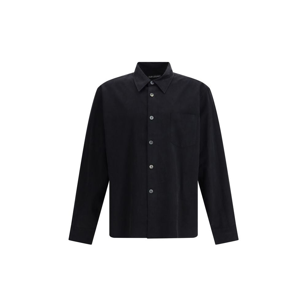 Our Legacy Black Cotton Dress Shirt crafted from Chinese poplin with pearl buttons and curved hem, AW25, 40% cotton, 60% lyocell.