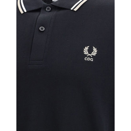 Comme Des Garçons Black Cotton Polo Shirt featuring Fred Perry logo, regular fit, avant-garde styling, and contrasting sleeves.