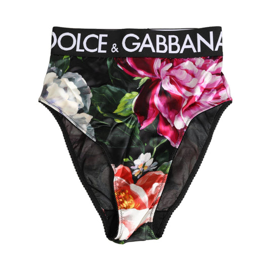 Dolce & Gabbana Black Floral Print High Waist Panty Underwear showcasing vibrant floral design with brand logo waistband.
