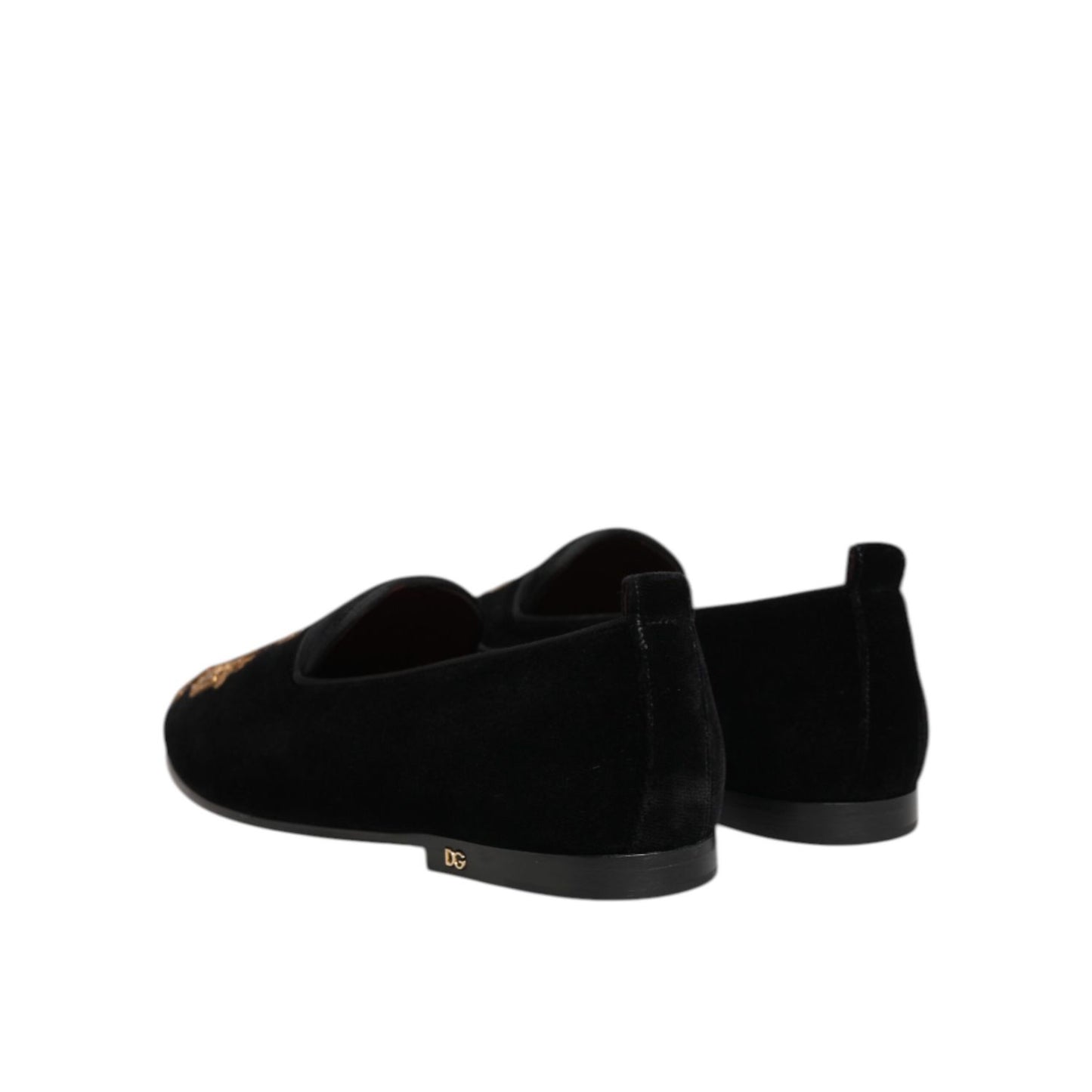 Dolce & Gabbana Black Velvet Gold Crown Mens Loafers Shoes