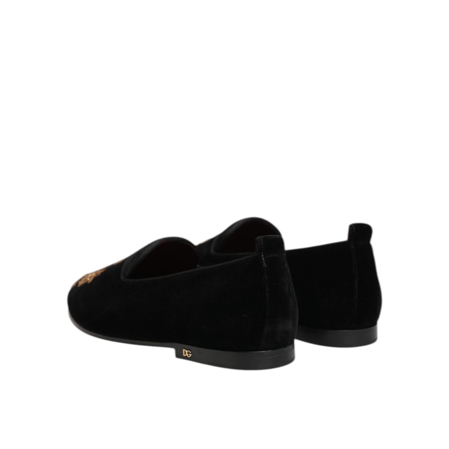 Dolce & Gabbana Black Velvet Gold Crown Mens Loafers Shoes
