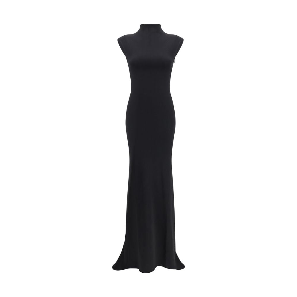Jacquemus Black Viscose Cocktail Dress with high neckline, cap sleeves, and ruched back detailing, perfect for formal occasions.