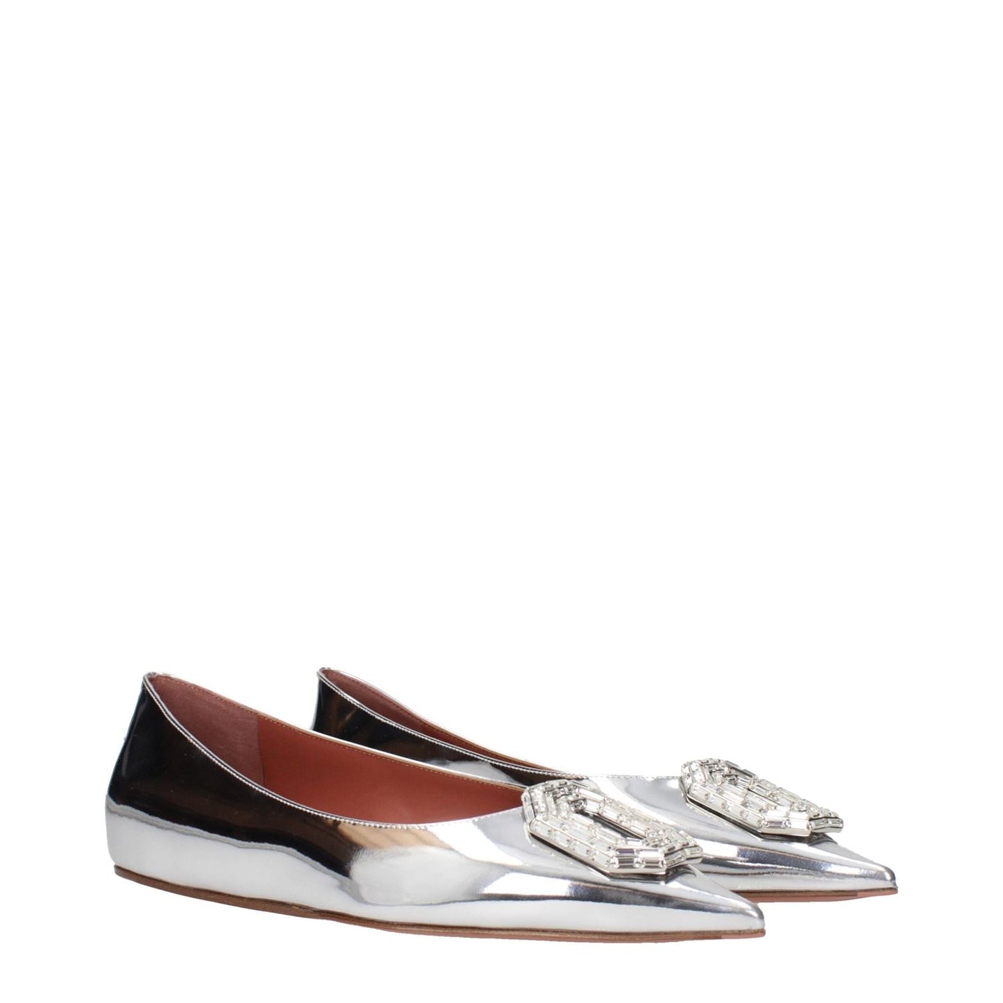 Amina Muaddi Gray Leather Ballet Flats in silver with rhinestone front detail, pointy toe, and low flat heel made of leather.