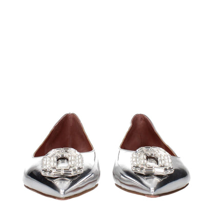 Amina Muaddi Gray Leather Ballet Flats with rhinestone front detail and pointy toe design, luxury footwear, silver leather finish.