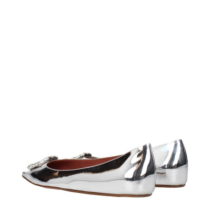 Amina Muaddi Gray Leather Ballet Flats with silver leather, pointy toe, low flat heel, front rhinestone detail.