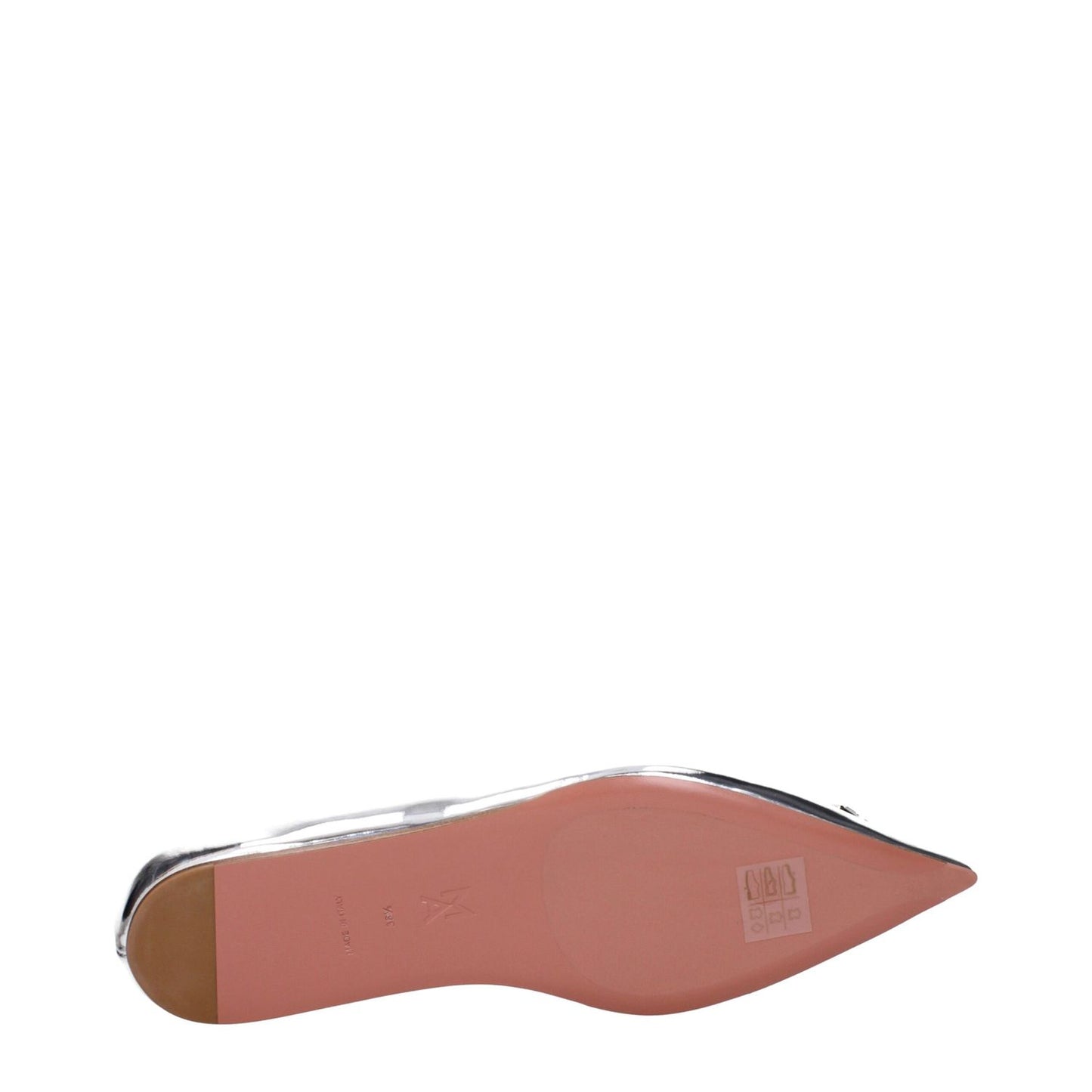 Amina Muaddi Gray Leather Ballet Flats showing pointy toe and leather sole