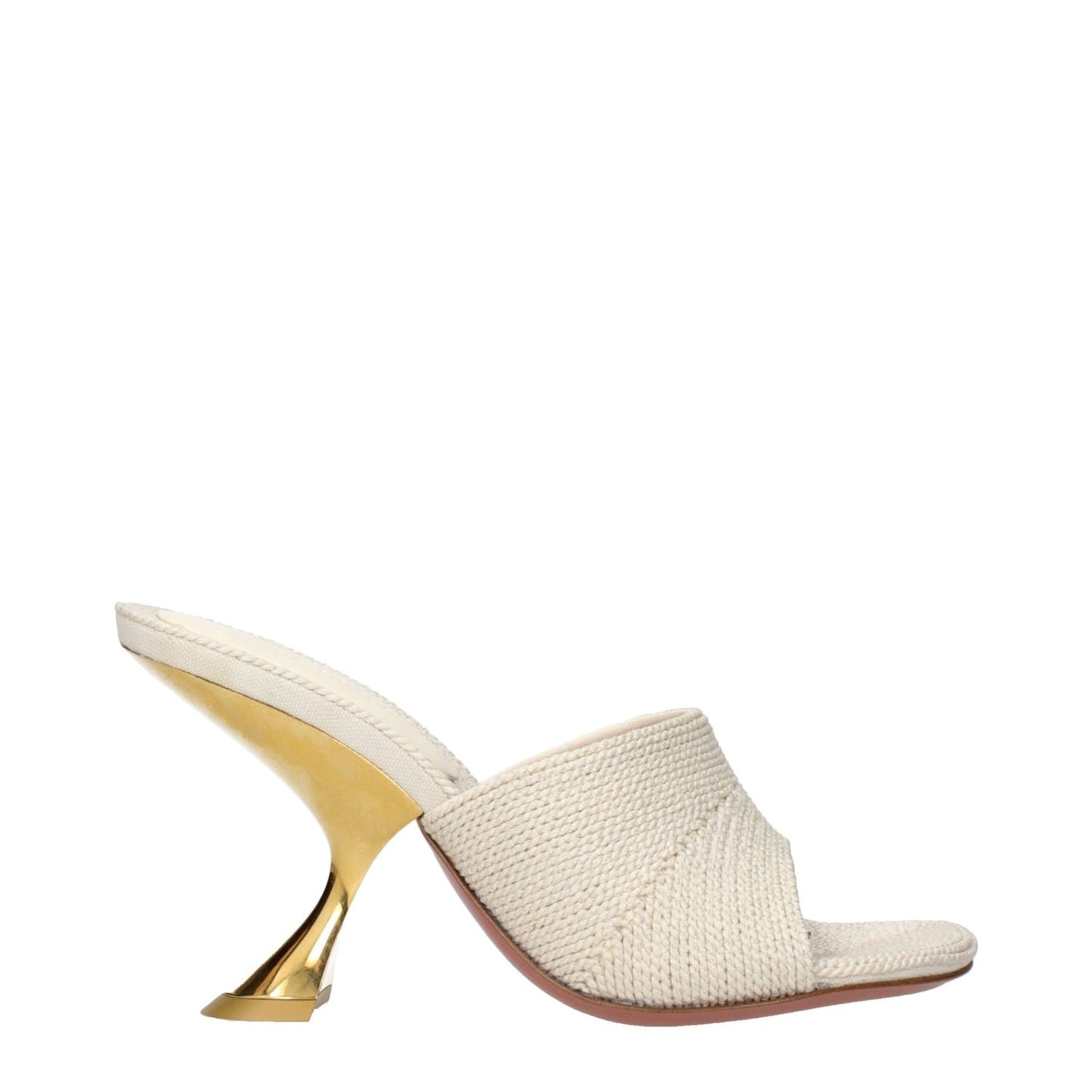 Amina Muaddi Beige Fabric Slippers with gold heel, designed by Amina Muaddi, MPN TAYLORWOVENSLIPPERWOVENBEIGE, code F84592.