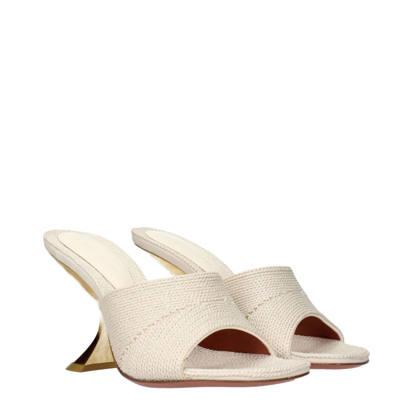 Amina Muaddi Beige Fabric Slippers with unique heel design, showcasing stylish woven texture.