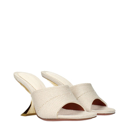 Amina Muaddi Beige Fabric Slippers with unique heel design, showcasing stylish woven texture.