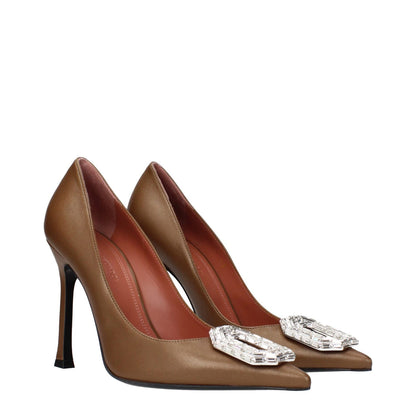 Amina Muaddi Brown Leather High Heel Pumps with rhinestone front detail, side view of elegant women's footwear.
