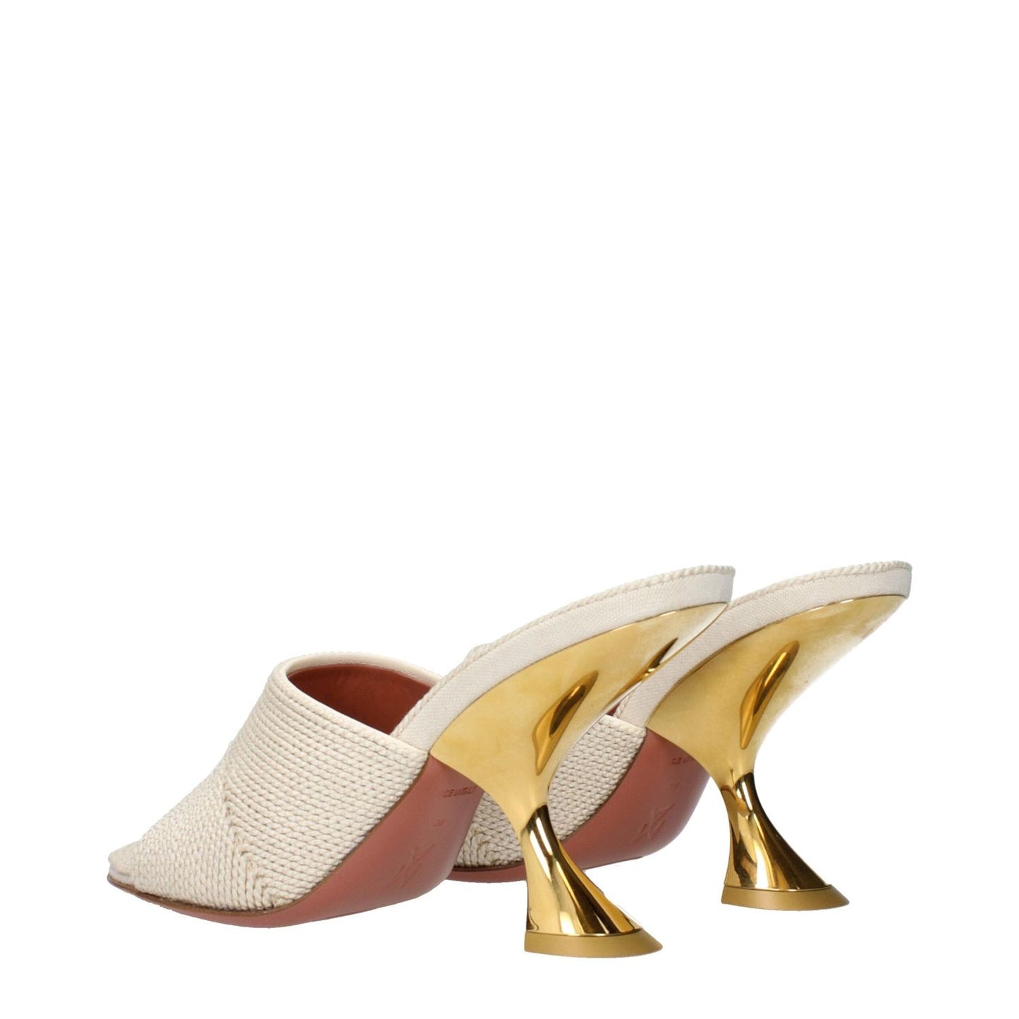 Amina Muaddi Beige Fabric Slippers with unique gold heels showcasing elegant design and craftsmanship, MPN TAYLORWOVENSLIPPERWOVENBEIGE.
