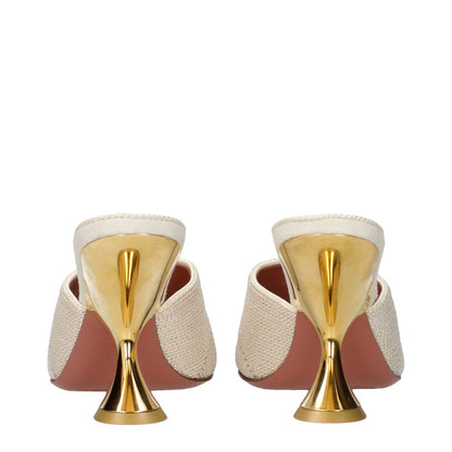Back view of Amina Muaddi Beige Fabric Slippers with gold heels, showing the unique design and texture of the TAYLORWOVENSLIPPERWOVENBEIGE.