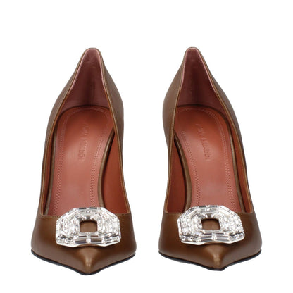 Amina Muaddi Brown Leather High Heel Pumps with rhinestone front detail, stylish design, perfect for fashion-forward women.
