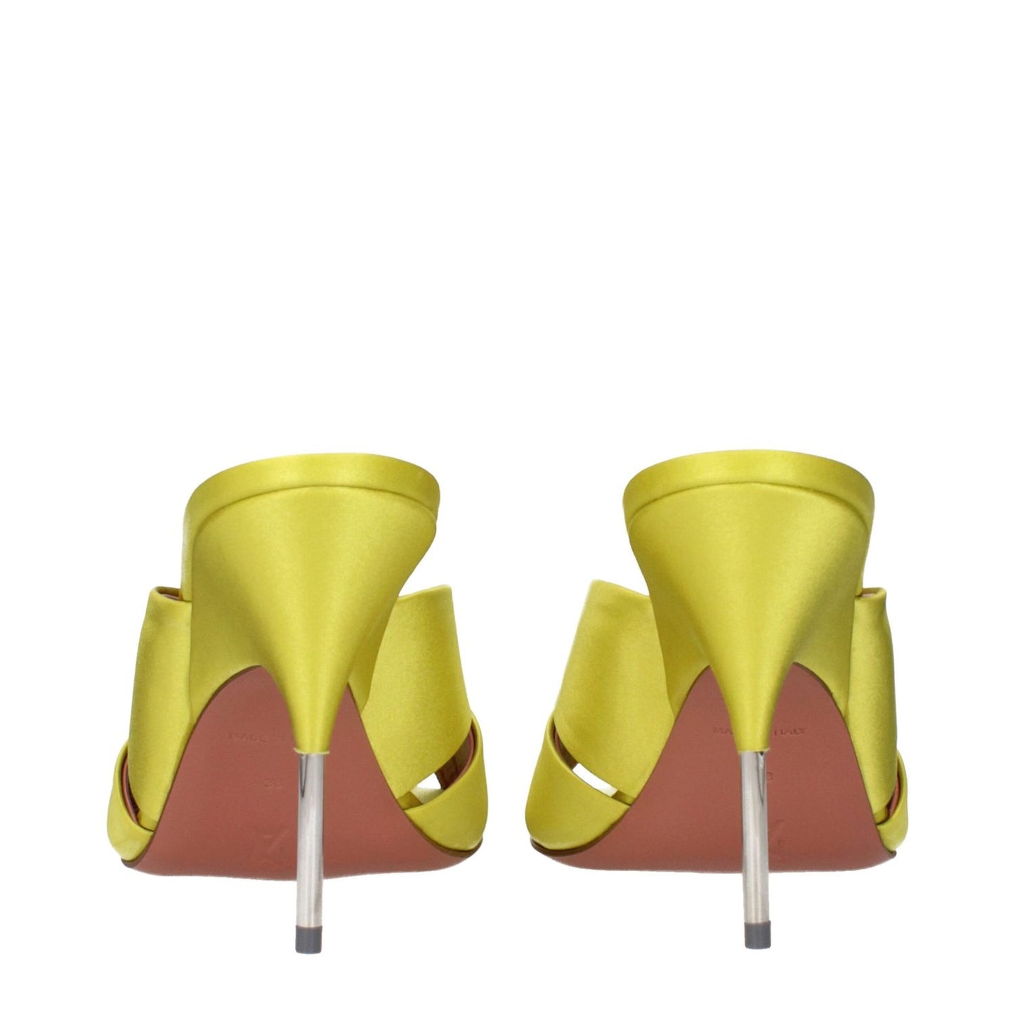 Back view of Amina Muaddi Green Satin Stiletto Heel Sandals showing slim heels and elegant design.