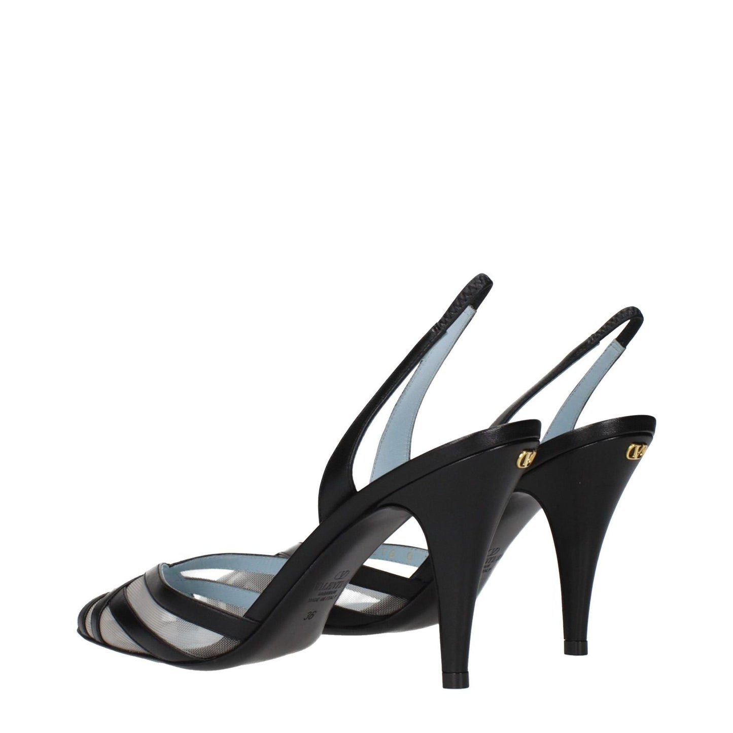 Valentino Garavani Black Leather High Heel Pumps with pointy toe and logo on back, featuring a sleek design and high heel style.