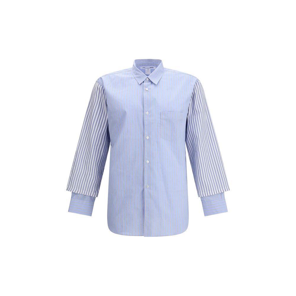 Comme Des Garçons Light Blue Cotton Pattern Shirt with subtle stripes and double cuffs for avant-garde style.