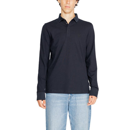 Armani Exchange Blue Cotton Long Sleeve T-Shirt worn by model showcasing elegant polo design