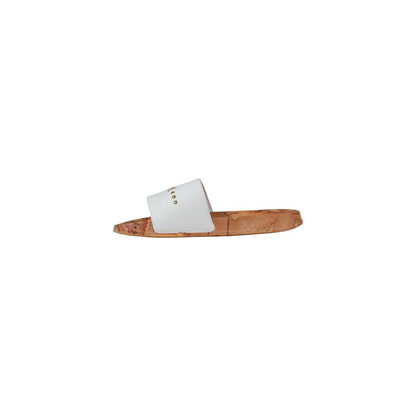 Side view of Alviero Martini Prima Classe White Polyethylene Slippers with cork sole, perfect for summer comfort and style.