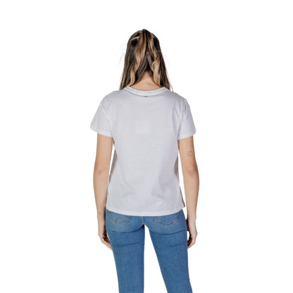 Back view of Liu Jo White Cotton T-Shirt on model, showcasing short sleeves and modern design.