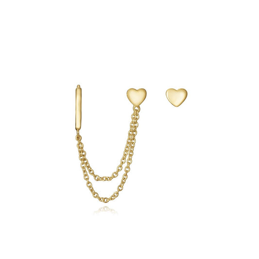 Gold heart-shaped chain earrings on a white background