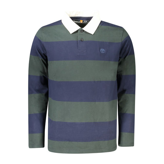 Timberland Green Cotton Men Polo Shirt with long sleeves and striped design, featuring contrasting details and logo embroidery.