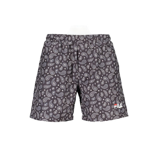 Fila Black Polyester Swimwear, swimming boxer with Seoul AOP pattern, elastic waist with laces, front pockets, back pocket, logo embroidery.