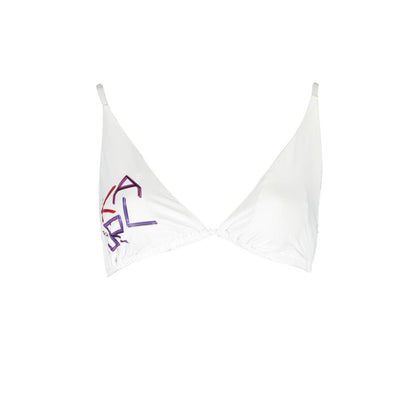 Karl Lagerfeld White Elastane Swimwear, triangle swimsuit with lined interior, contrasting details, lace closure, print design.