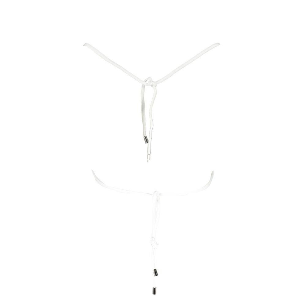 Karl Lagerfeld White Elastane Swimwear, triangle swimsuit with lined interior, contrasting details, laces closure, and logo print.