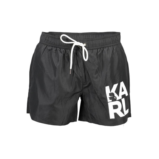 Karl Lagerfeld Black Polyester Swimwear with side logo, pockets, laces, and contrasting details.