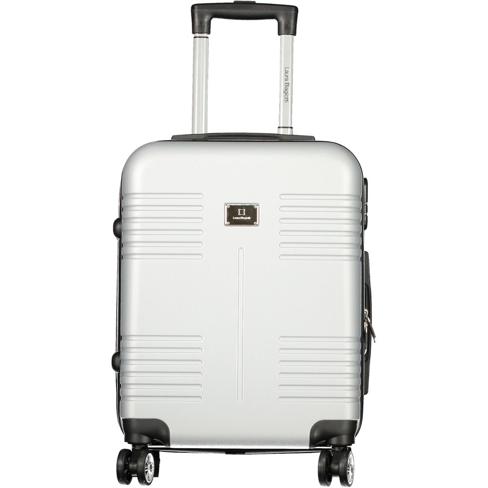 Laura Biagiotti Gray Polyethylene Luggage And Travel trolley with wheels, handle, and logo, featuring zippered pocket and padlock.