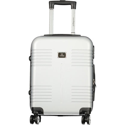 Laura Biagiotti Gray Polyethylene Luggage And Travel trolley with wheels, handle, and logo, featuring zippered pocket and padlock.