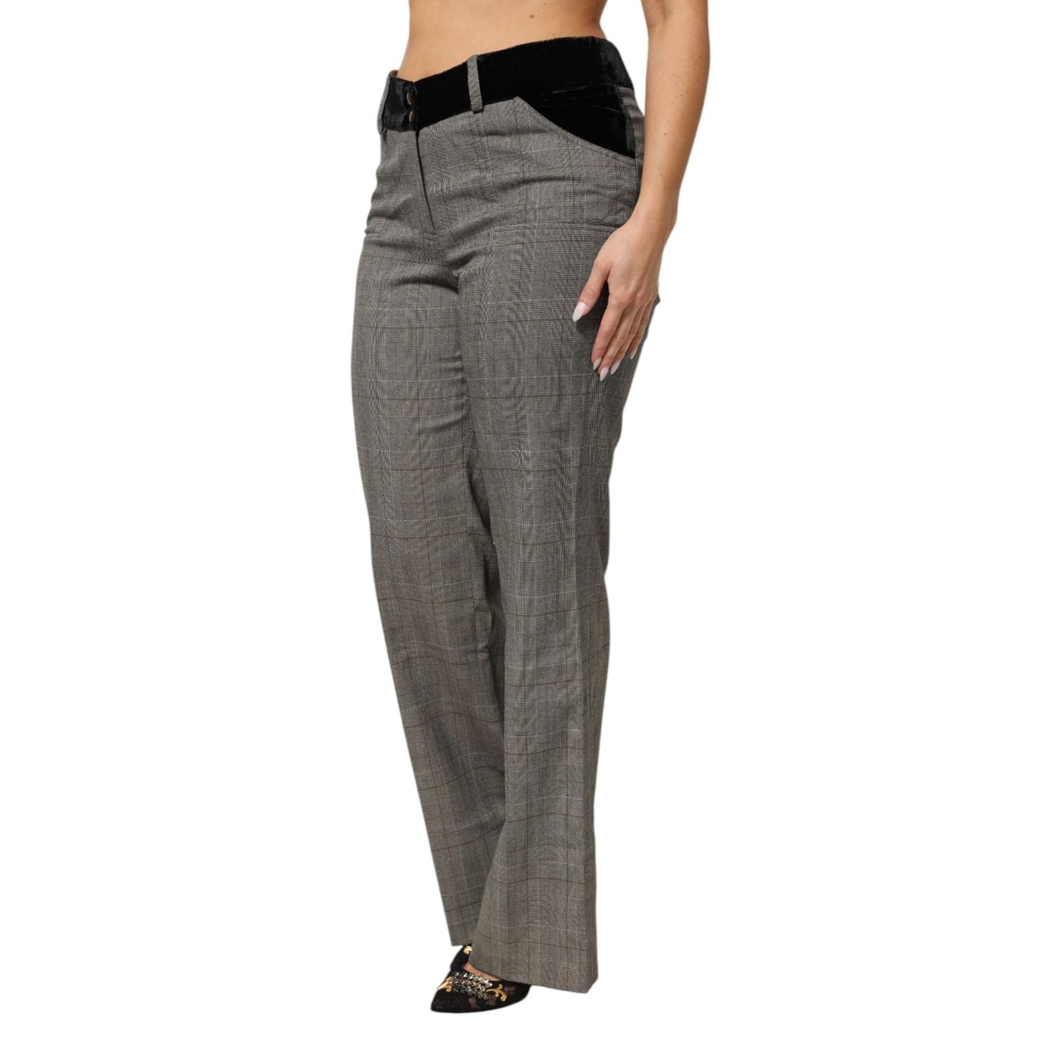 BENCIVENGA Gray Wool Blend Plaid Straight Leg Velvet Waist Pants