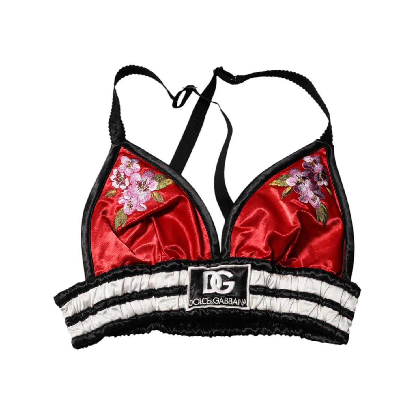 Dolce & Gabbana Red Satin Floral Embroidered Bralette Crop Top