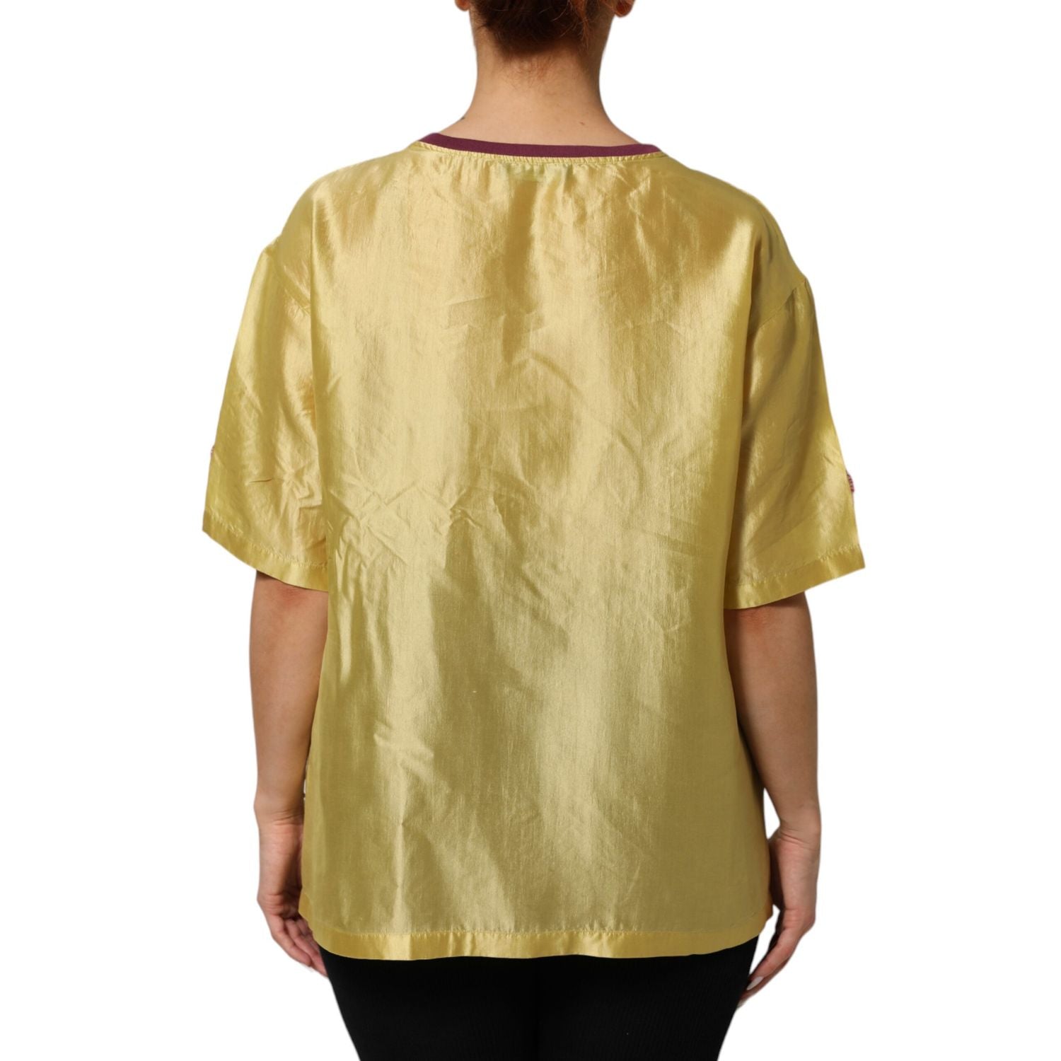 Dolce & Gabbana Yellow Silk Satin Floral Lace Short Sleeves Top
