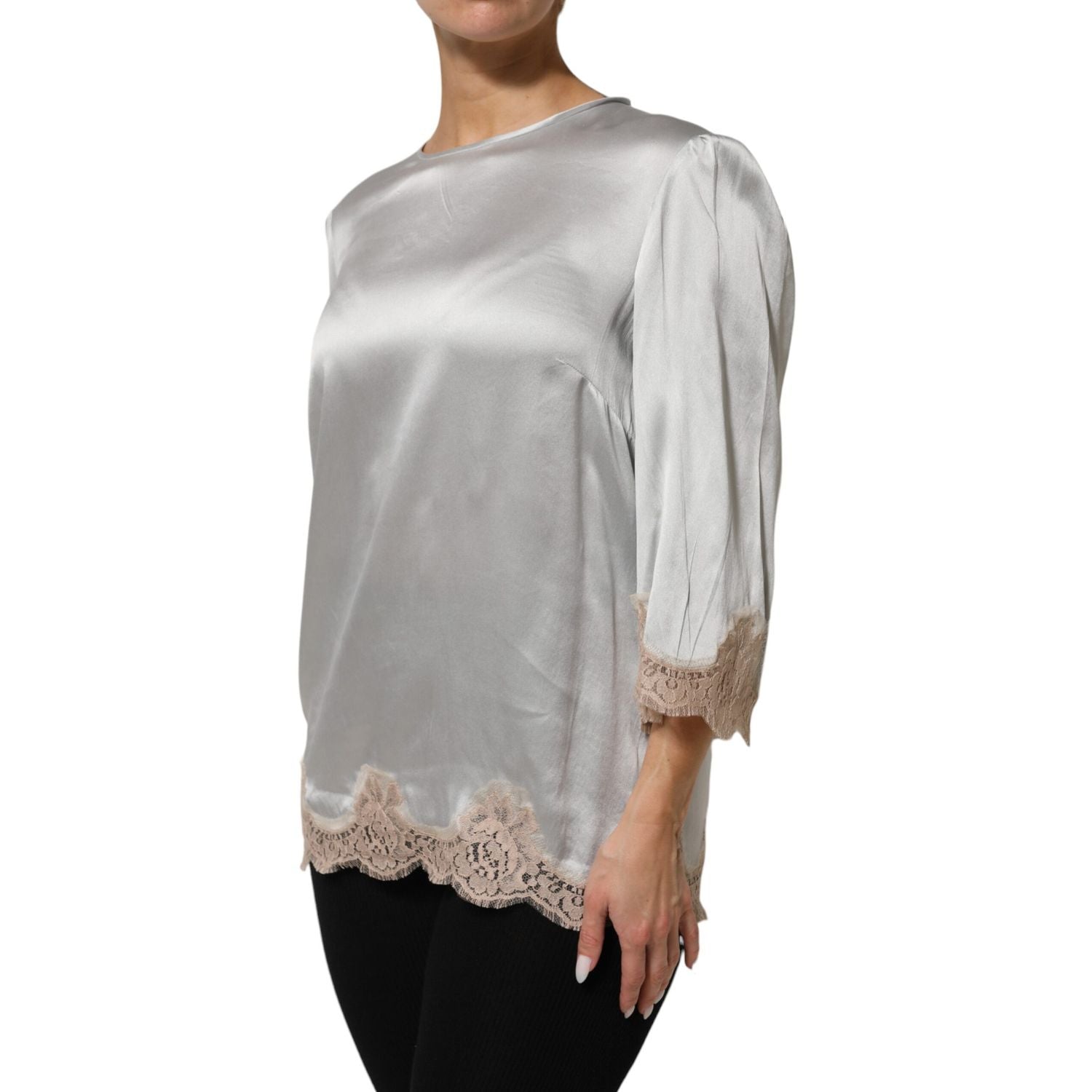 Dolce & Gabbana Gray Silk Satin Floral Lace Long Sleeve Top