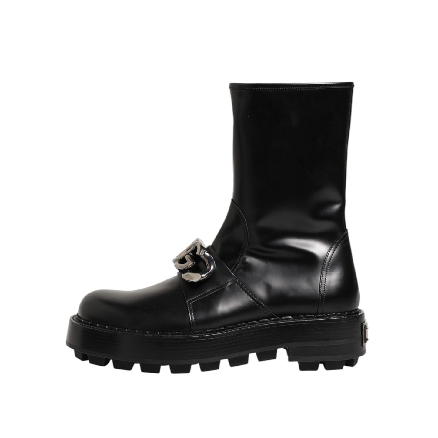 Dolce & Gabbana Black Logo Plaque Mid Calf Biker Boots Shoes