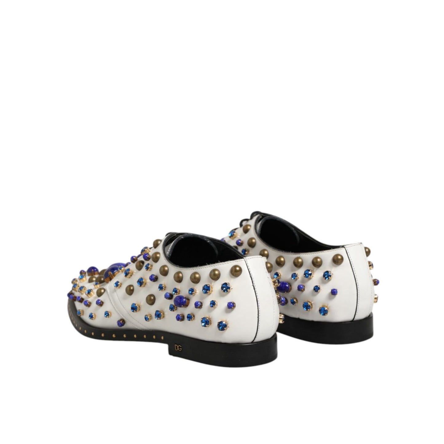 Dolce & Gabbana White Leather Crystals Embellished Dress Shoes with multicolor crystal details, rear view.