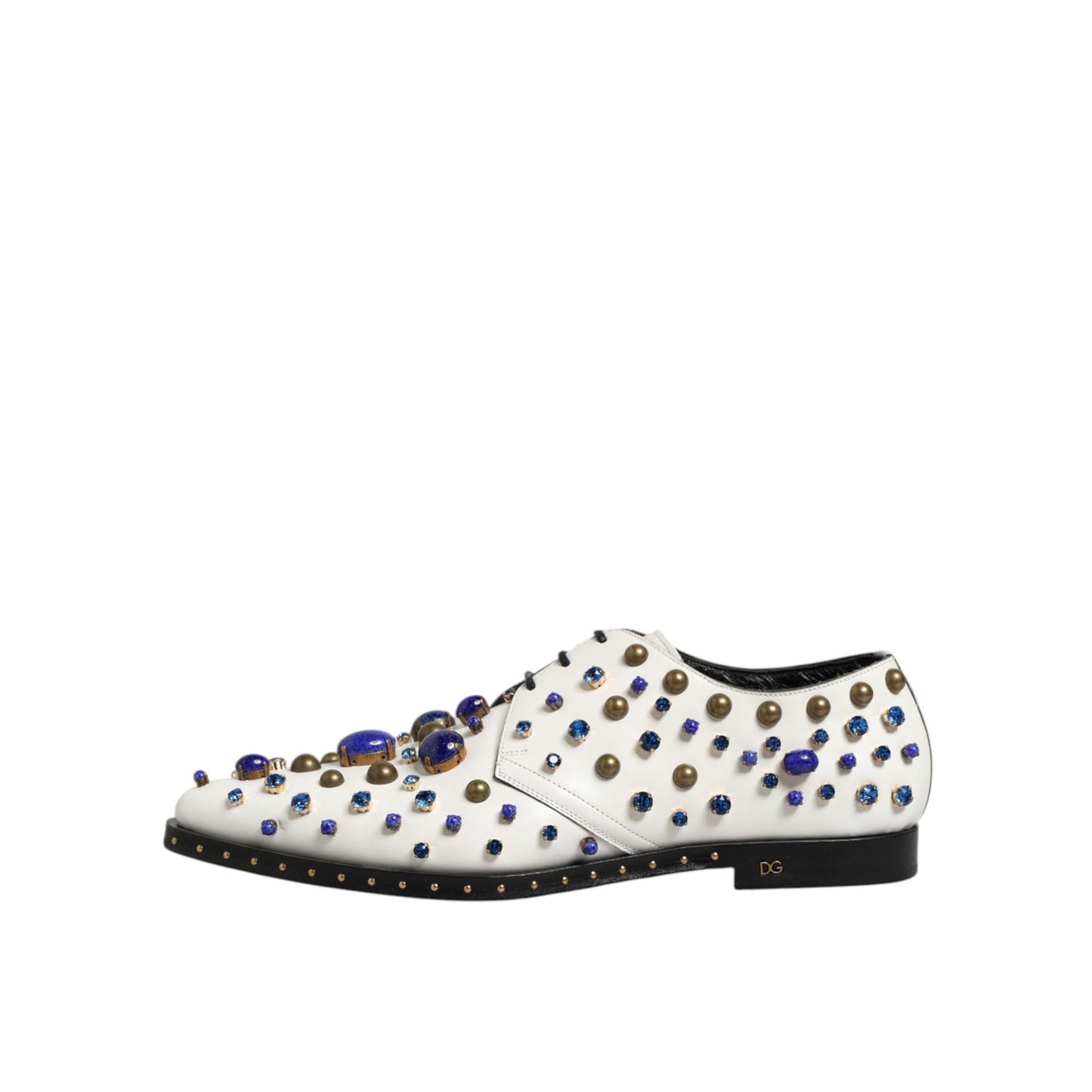 Dolce & Gabbana White Leather Crystals Embellished Dress Shoes with multicolor crystal embellishments for formal events and evening wear.