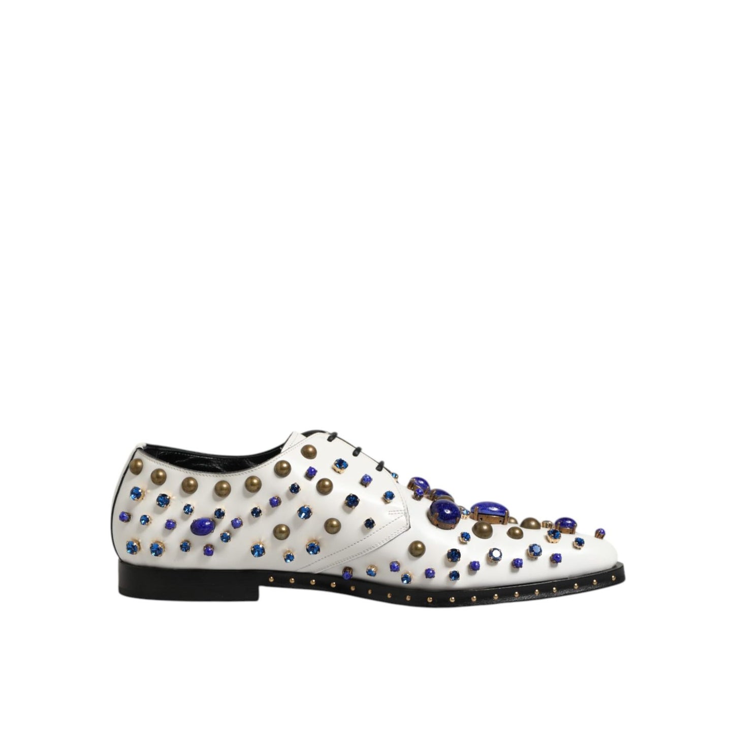 Dolce & Gabbana White Leather Crystals Embellished Dress Shoes with multicolor crystal details, side view.