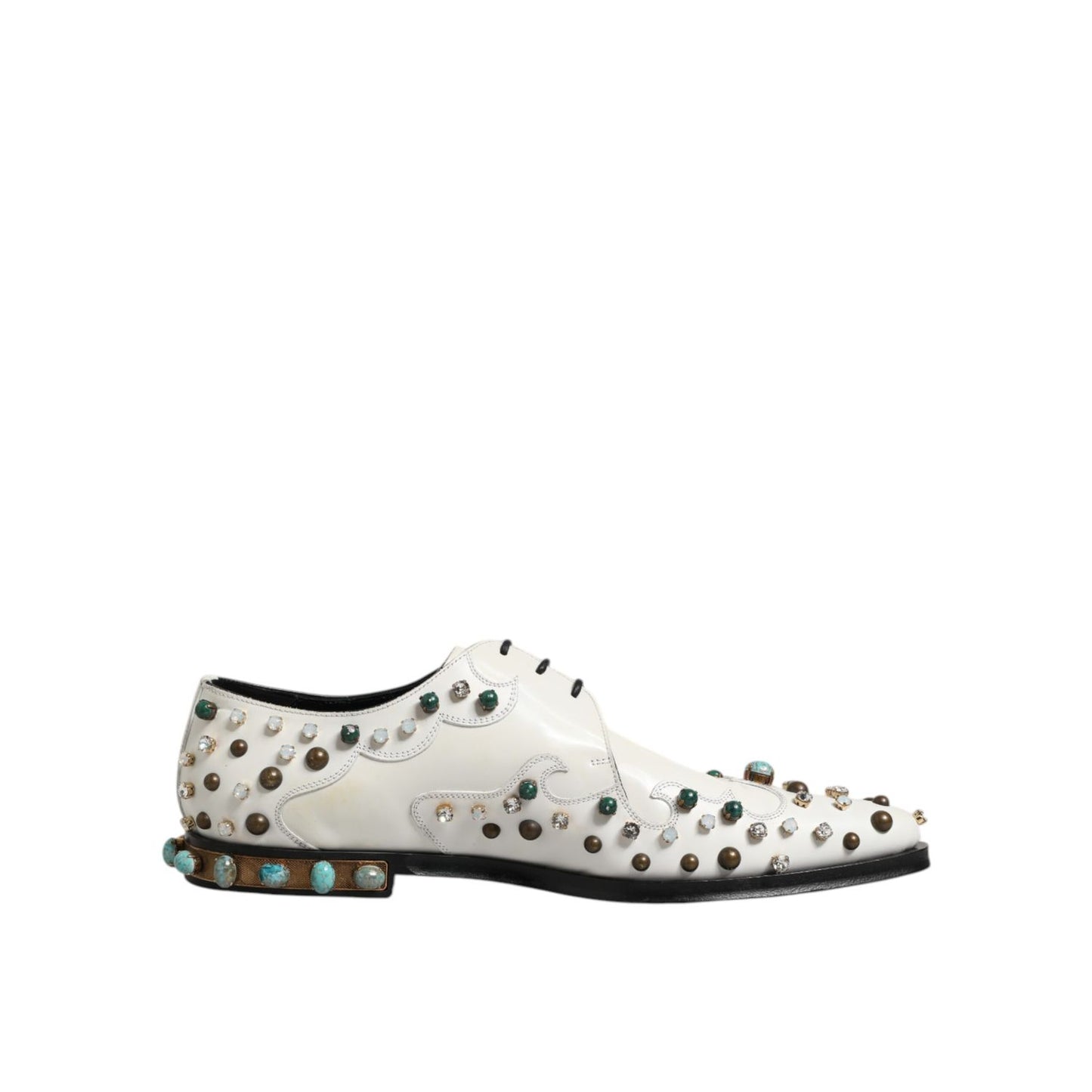 Dolce & Gabbana White Leather Crystals Embellished Derby Shoes