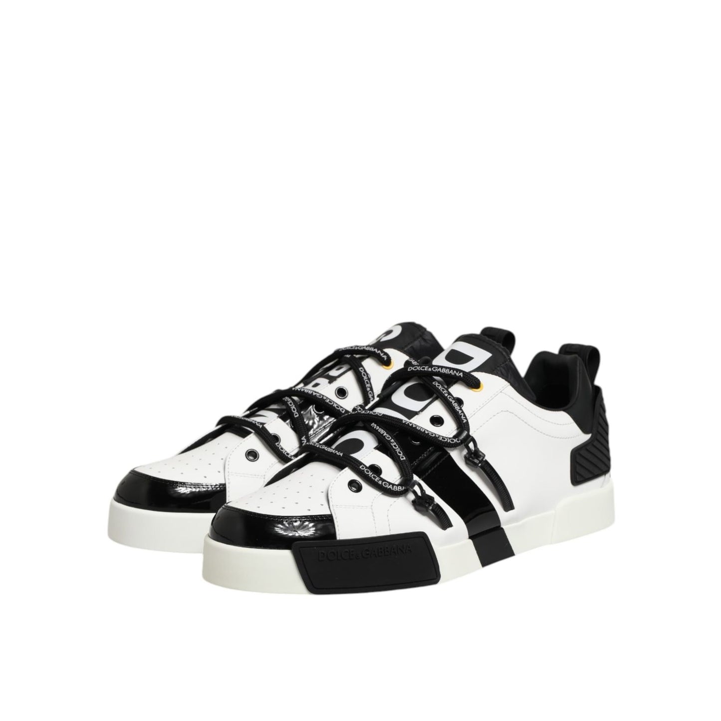 Dolce & Gabbana White Leather Logo Portofino Sneakers Shoes in black and white with lace-up closure and low-top silhouette.
