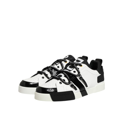 Dolce & Gabbana White Leather Logo Portofino Sneakers Shoes in black and white with lace-up closure and low-top silhouette.
