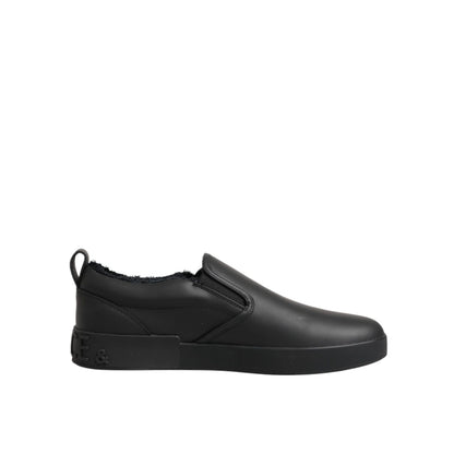 Dolce & Gabbana Black Leather Low Top Slip On Sneakers Shoes