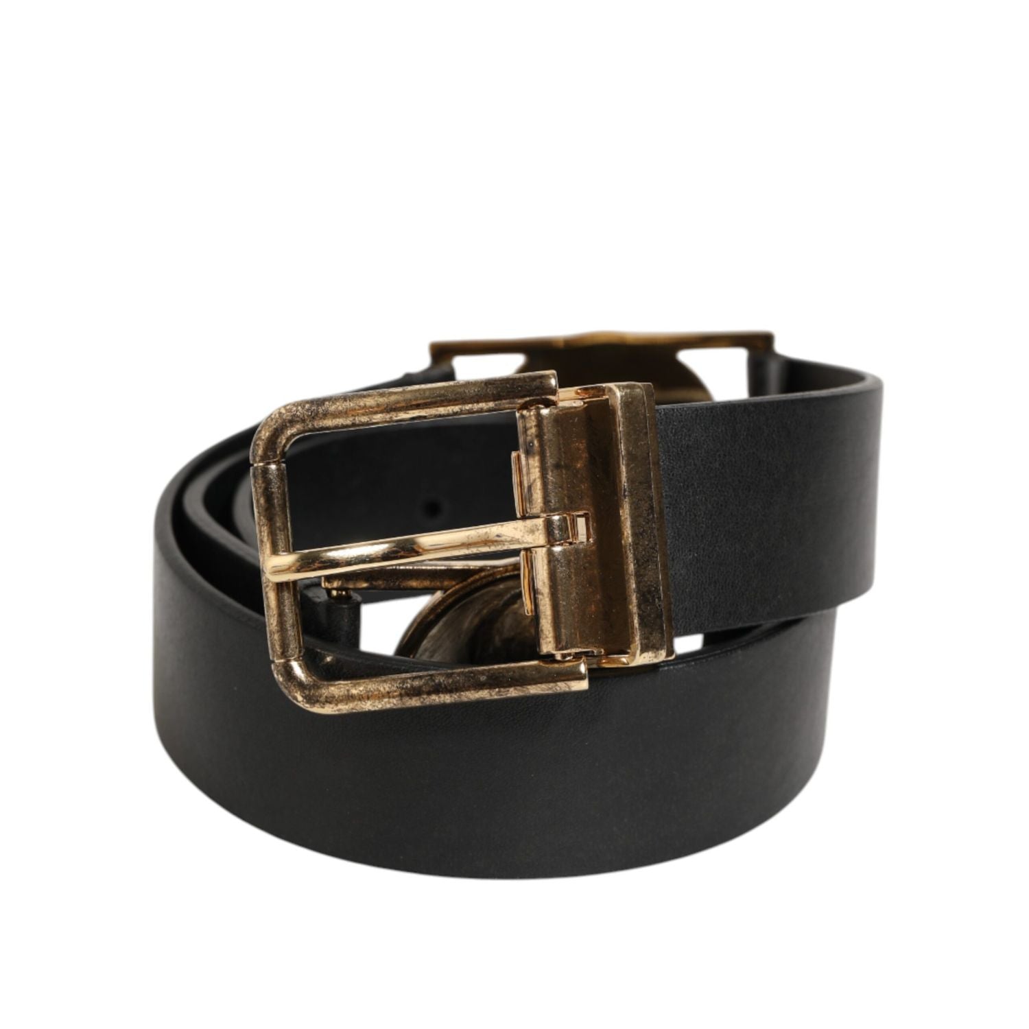 Dolce & Gabbana Black Leather Gold Silver Coin Buckle Belt