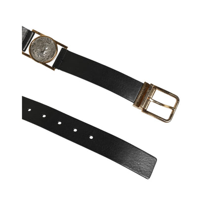 Dolce & Gabbana Black Leather Gold Silver Coin Buckle Belt