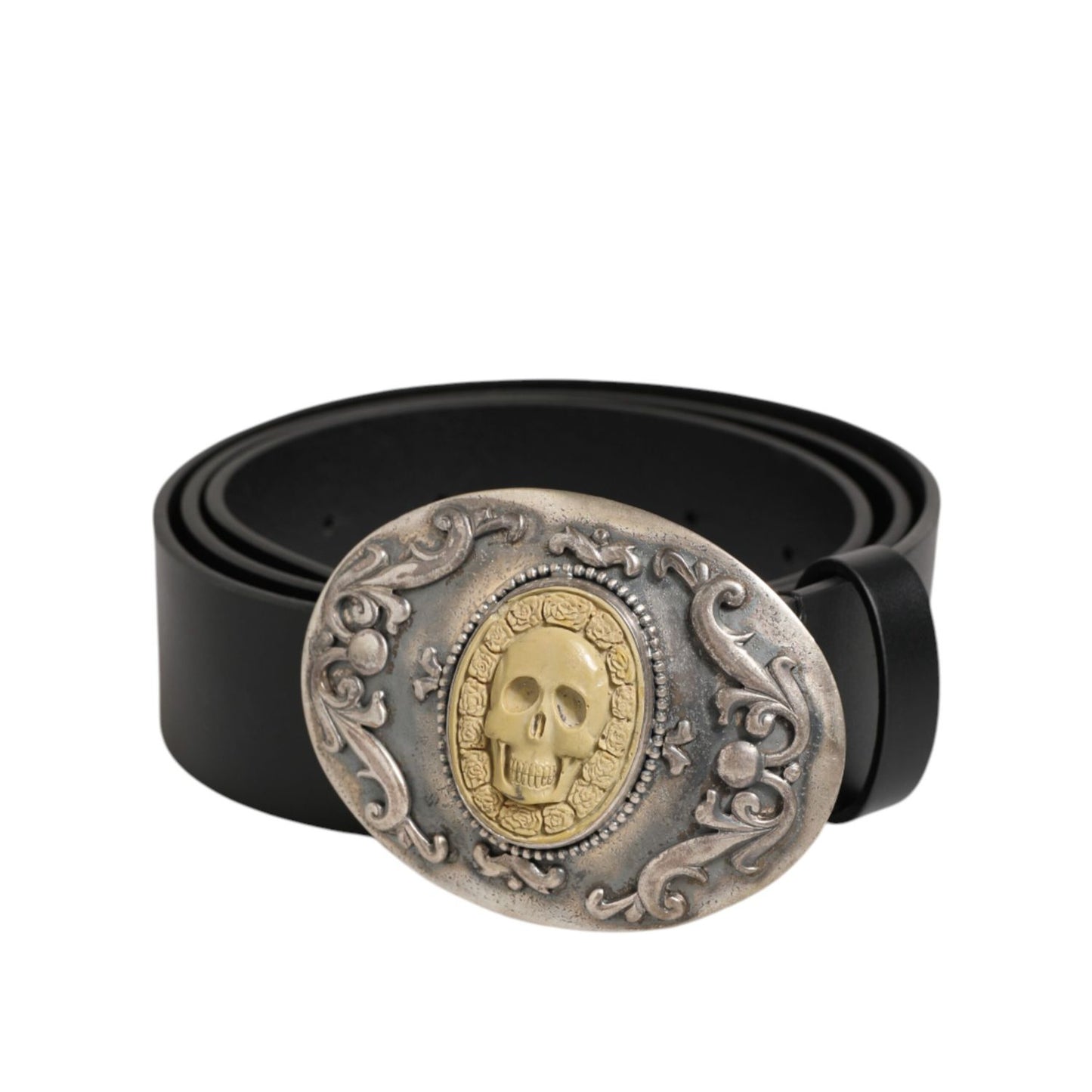 Dolce & Gabbana Black Leather Ornate Metal Buckle Men Belt
