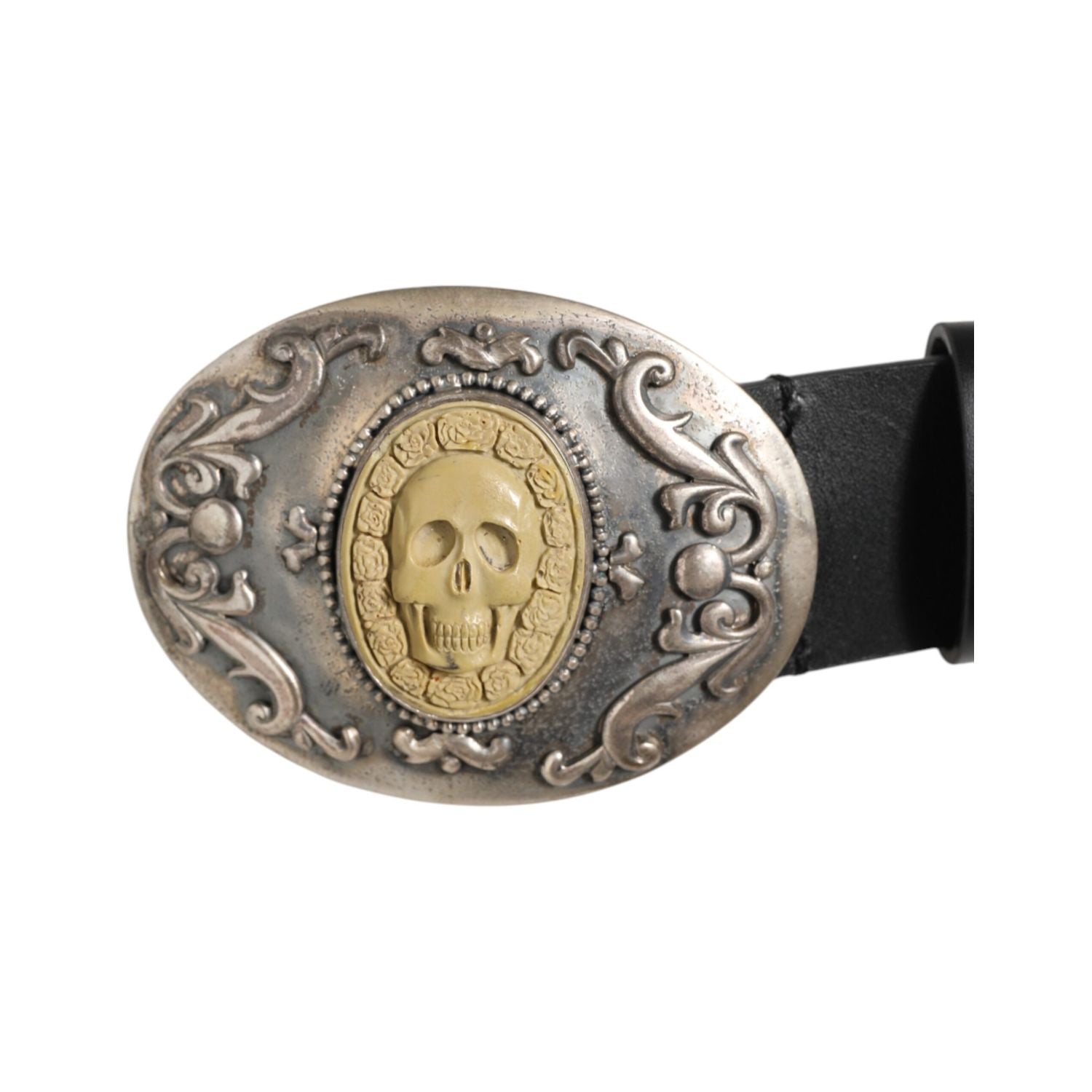 Dolce & Gabbana Black Leather Ornate Metal Buckle Men Belt